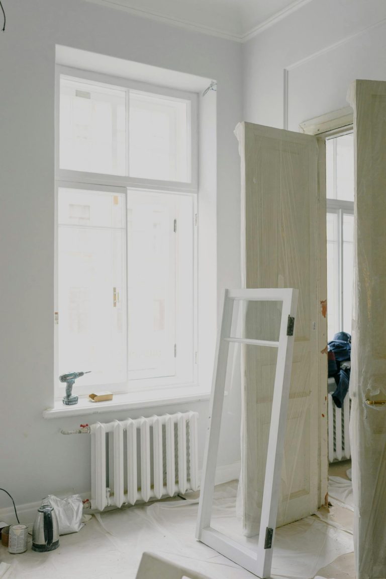 Window frame near doors in new house